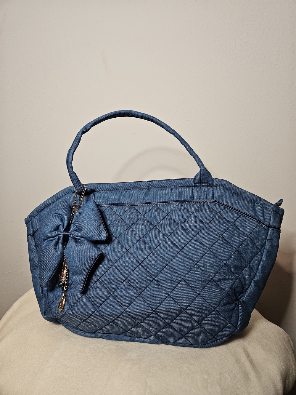 Quilted Denim-Style Tote with Decorative Bow - Blue